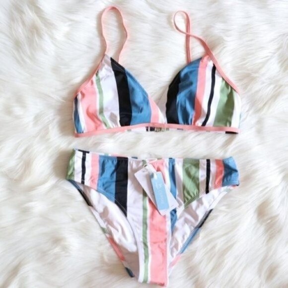 NWT Pink Blue White Bikini Set Size Small Stripe Print Bathing Suit - Picture 2 of 9